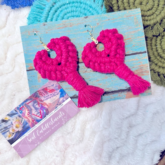 Ladies Sweet Custom HandMade: Hot Pink Woven Heart Shaped Dangle Earrings 925s - Picture 8 of 16